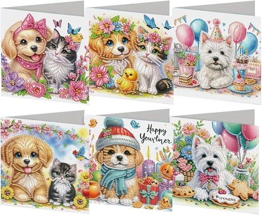 Ceitura 6Pcs DIY Playing Cat and Dog Diamond Art Painting Crafts Rhinestone Painting Greeting Card Making Kit Postcard for Holiday Christmas New Year Party Favors