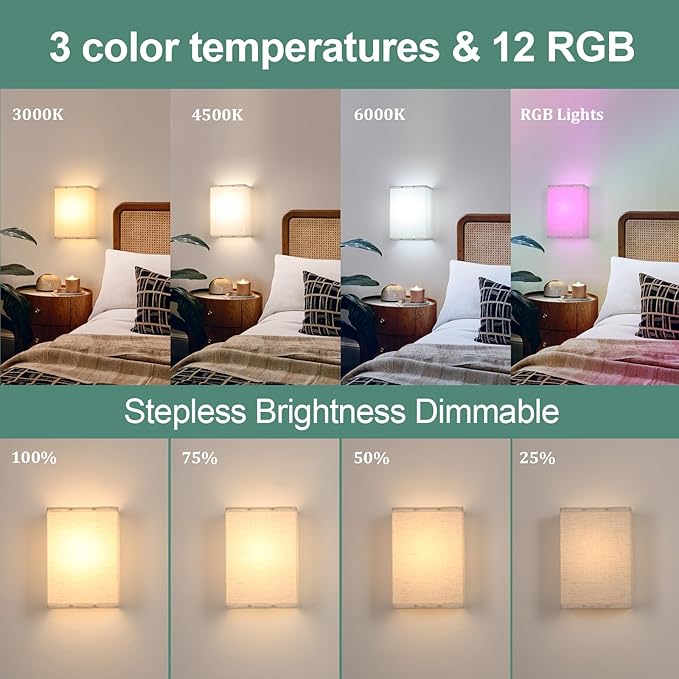 Adhesive Battery Operated Wall Sconce Set of 2, 6000 mAh Battery Rechargeable Bulb with 12 RGB Colors, Stick on Cuboid Wall Sconce No Drill Wall Lights, Linen