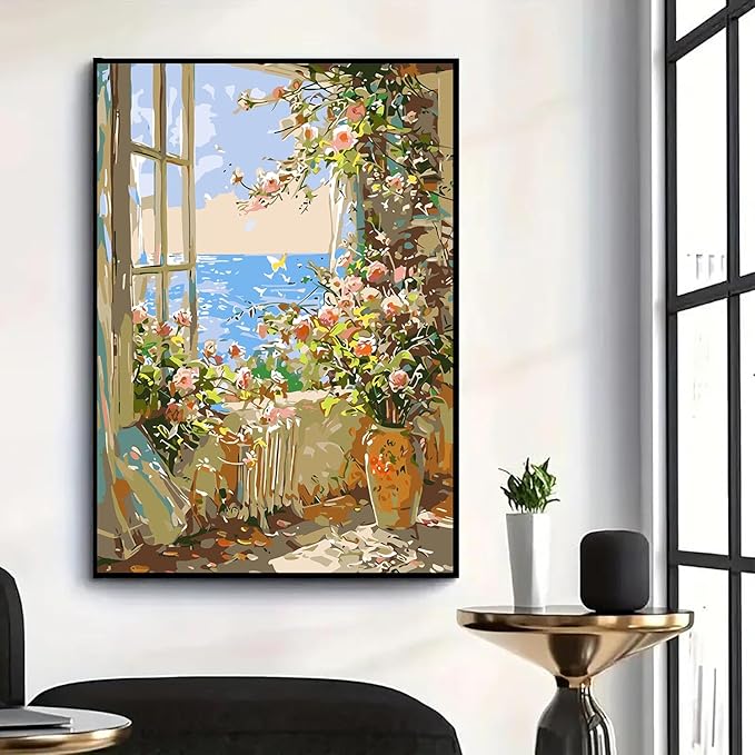 GXGLLPZBY Window Flower Paint by Numbers Kit for Adults Beginner,DIY Window Flower Paint by Numbers for Adults,Easy Canvas Paint by Number Without Frame Home Wall Decor 16 x 20 in