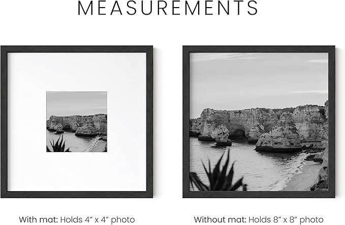 HAUS AND HUES Solid Oak Wood 8”x8” Picture Frames Matted to 4”x4” Set of 6-8 x 8 Picture Frames, Black Frames for Gallery Wall, 8x8 Square Frames, 8x8 Square Black Frames with Mat