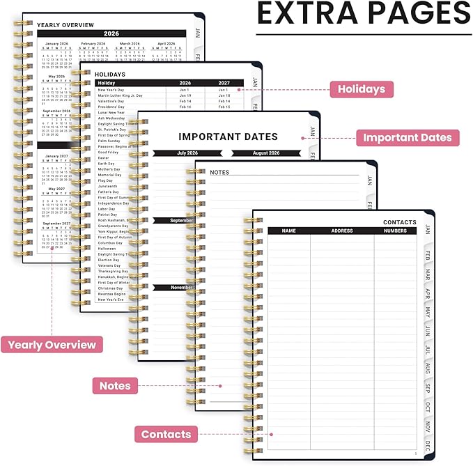 2026 Planner, Weekly and Monthly Calendar Planner for Women, Jan 2026 - Dec 2026, Hardcover Planning Agenda book with Tabs, Spiral Bound, Inner Pocket, Perfect for School Office Supplies, 6.3" x 8.5" - Stamp