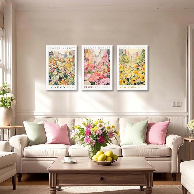 XLARTMY Flower Market Wall Art Print Canvas Framed Yellow Pink Floral Paintings Colorful Botanical Sunflower Artwork Travel Poster for Decor Picture 3 pieces for Living Room Bedroom Bathroom 16x24in