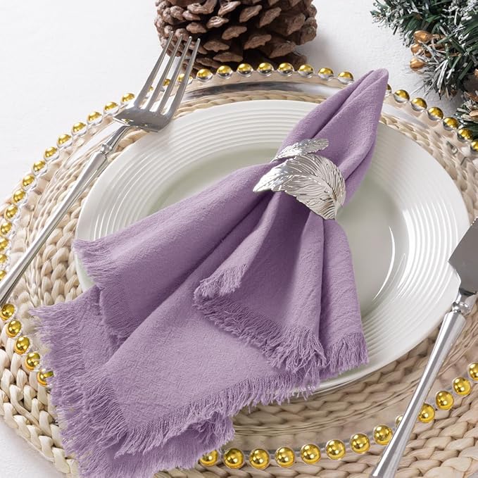 12 Pack Purple Cotton Linen Napkins with Fringe Spring Cloth Napkins Set of 12 Boho Handmade Dinner Napkins Bulk for Wedding Bridal Baby Shower Valentine's Day, 17 x 17 Inches