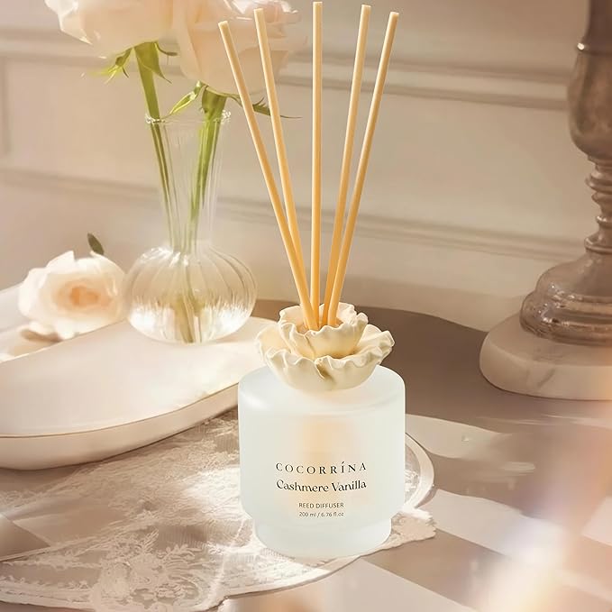 COCORRÍNA Gypsum Flower Reed Diffuser – Cashmere Vanilla Scent, 6.76 oz Oil with 8 Sticks,Long-Lasting Home Fragrance for Bathroom Décor