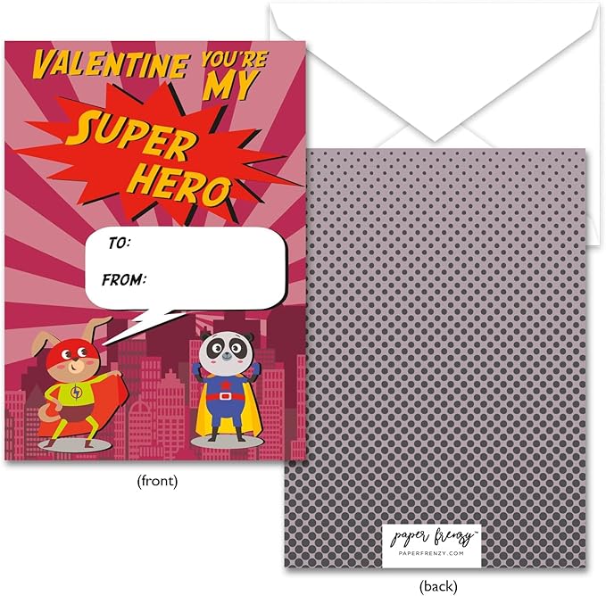 Paper Frenzy Super Hero Themed Valentine Cards WITH ENVELOPES - 25 Pack