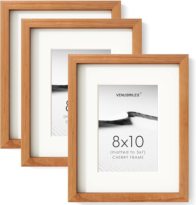 8x10 Picture Frame Set of 3, USA-Sourced Natural Cherry Wood Photo Collage Frame with HD Tempered Glass, Modern Simple 8 x 10 Wooden Frame Matted to 5x7 Gallery Frames for Art Wall or Tabletop Display