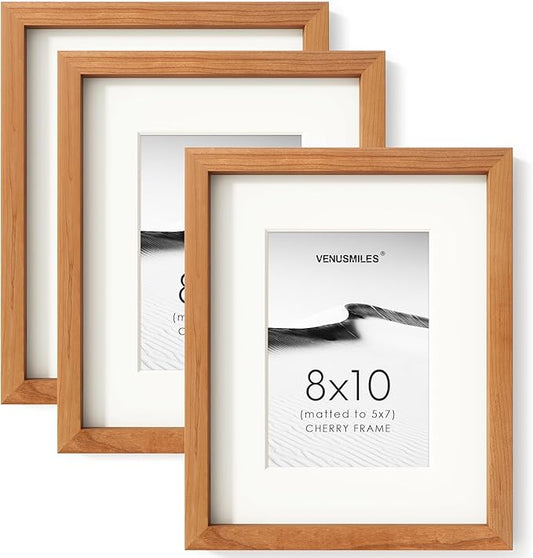 8x10 Picture Frame Set of 3, USA-Sourced Natural Cherry Wood Photo Collage Frame with HD Tempered Glass, Modern Simple 8 x 10 Wooden Frame Matted to 5x7 Gallery Frames for Art Wall or Tabletop Display