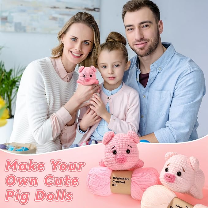 2 Pack Pig Crochet Kit for Beginners with Easy Yarn and Step-by-Step Video Tutorials, Beginner Crochets Kit for Adults, DIY Crochet Animal Kits Art Crafts Knitting Kits Ideal Gifts for Teacher Gifts