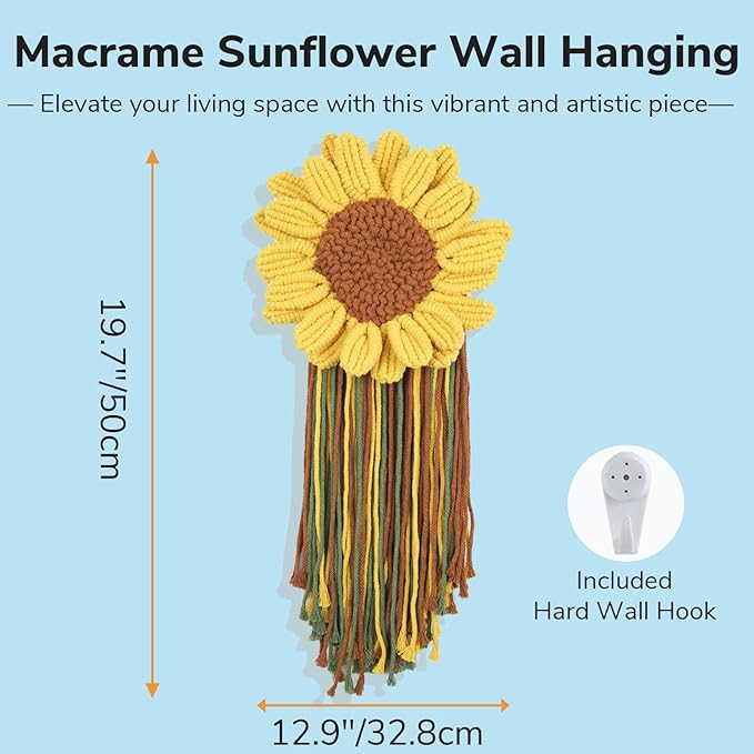 Macrame Sunflower Wall Hanging Handmade Woven Flower Home Decor Tassle for Room Office(12.9" x19.68" Inches)