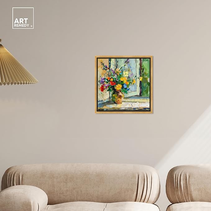 Art Remedy Vase By The Window Framed Impressionism 1 Piece Canvas Wall Art/Monet And Van Gogh Inspired Art, 17.5" x 17.5", Gold Frame