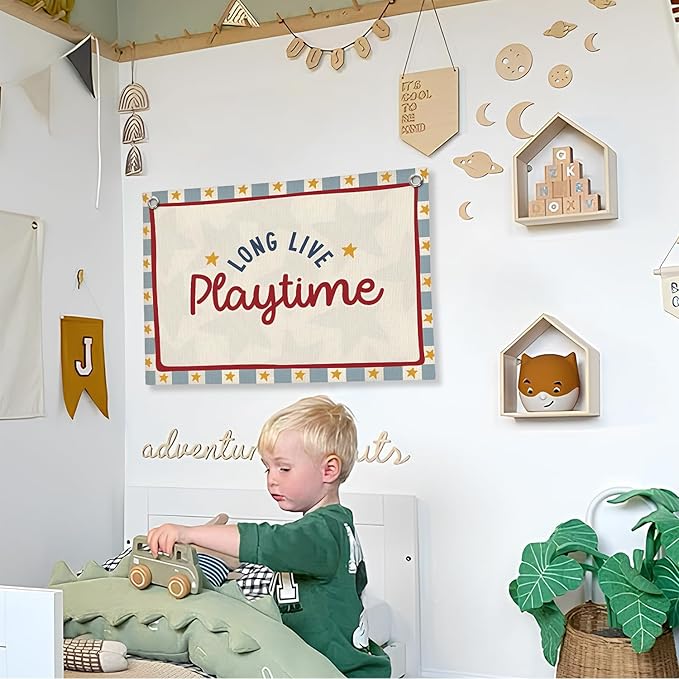 Playroom Decor, Long Live Playtime Linen Canvas Banner,Kids Room Nursery with Star Pattern Wall Hanging Banner Flag Inspirational Decor for Toddler Boys Toy Room Bedroom,30x20 Inch
