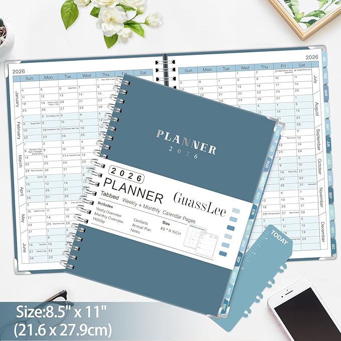 GuassLee Large 2026 Planner, Weekly and Monthly Planner from January 2026-December 2026, 8.5"x 11" Calendar Agenda Book with Back Pocket, Stickers for Home Office School Supplies, A4 Size, Blue