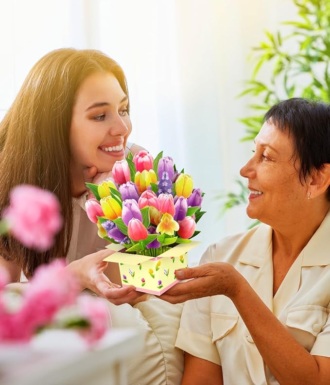 Magic Ants Pop Up Flower Bouquet Card Set – 3D Tulips, Violets & Carnations – Includes Blank Note Cards & Envelopes – for Mother's Day, Women's Birthdays, Get Well, Thank You, Sympathy