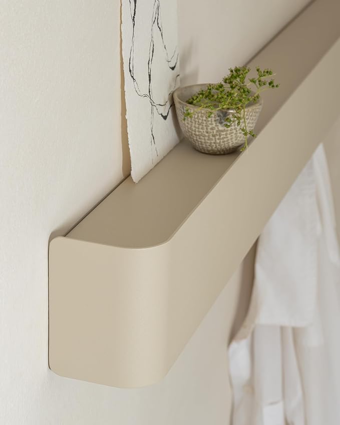 Kazai.®️ Coat Rack Wall Mount with Shelf 'Tone' | Modern Design Coat Hanger with Hidden Hooks and Storage | Hat Rack with Shelf in Metal | Wall-Mounted Purse Organizer | Taupe