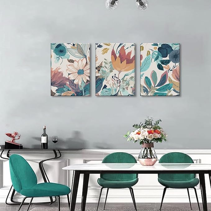 TUEASKY 3 Piece Botanical Canvas Wall Art Neutral Floral Wall Art Modern Minimalist Flower Decor Wildflower Prints for Living Room Bedroom Office 12x16in Framed