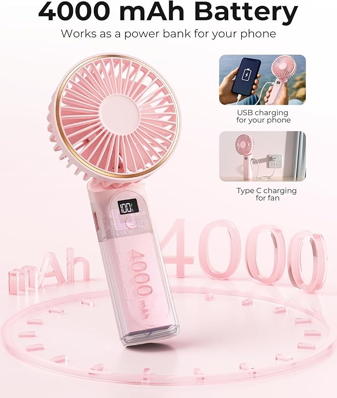 Portable Handheld Fan, 4000mAh, 180 Adjustable, 6 Speed Wind, USB Rechargeable Foldable Fan with Real-Time Display