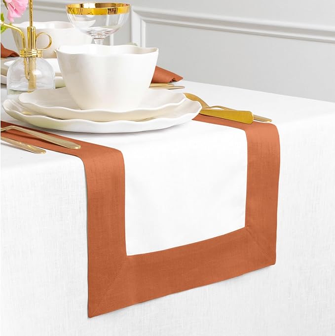 Solino Home Linen Table Runner 60 Inches - 100% Pure Linen Cinnamon and White Small Table Runner 14 x 60 Inch Ideal for Dresser and Coffee Tables - Contempo