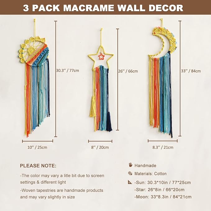 3 Pack Macrame Hanging Tapestry Wall Art Set Boho Woven Tapestries Sun Moon Star Large Dream Catcher Coloful Wall Decor Bedroom Aesthetic Living Room Decor