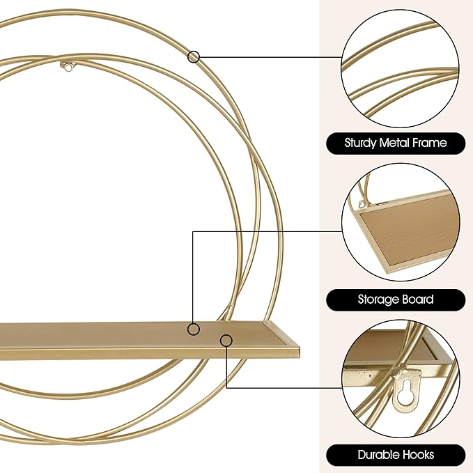 Oakrain 16" Floating Shelves Set of 2, Gold Wall Shelf with Round Metal Frame, Foldable Wooden Hanging Shelves for Storage, Living Room Decor, Bathroom, Kitchen, Bedroom, Office