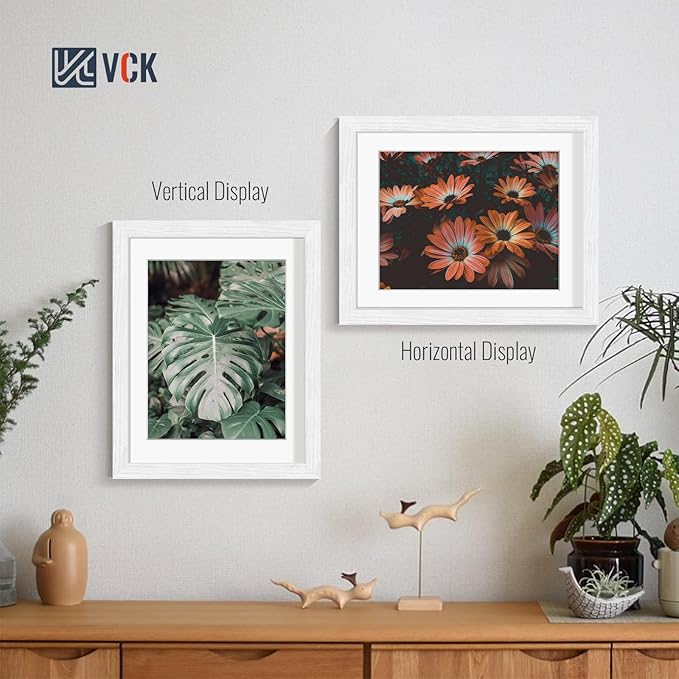 VCK 11x14 Picture Frames White Set of 5, Wide Border Wood, Tempered Glass, Display 8.5x11 Photo with Mat or 11 x 14 without, for Home, Office, Gallery, Woodgrain Series, Wall Hanging