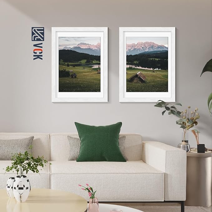 VCK 12x16 Picture Frames White Set of 5, Wide Border Wood, Tempered Glass, Display 11x14 Photo with Mat or 12 x 16 without, for Home, Office, Gallery, Woodgrain Series, Wall Hanging