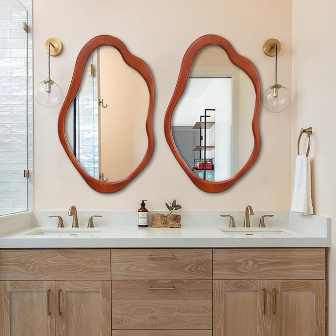 24"x 15" Wavy Wall Mirror Wood Frame, Modern Decorative Asymmetrical Mirror for Bedroom, Living Room, Entryway Walnut Color
