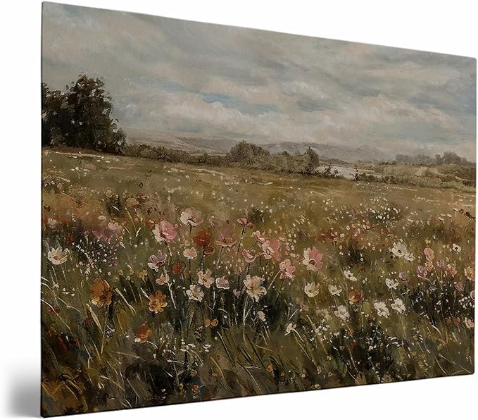 Large Botanical Landscape Wall Art-Large Wild Flower Art,Wildflower Field Vintage Landscape Print,Wild Flower Horizontal Art,Botanical Floral Panoramic Wall Art,Living Room Decor16x24 Framed