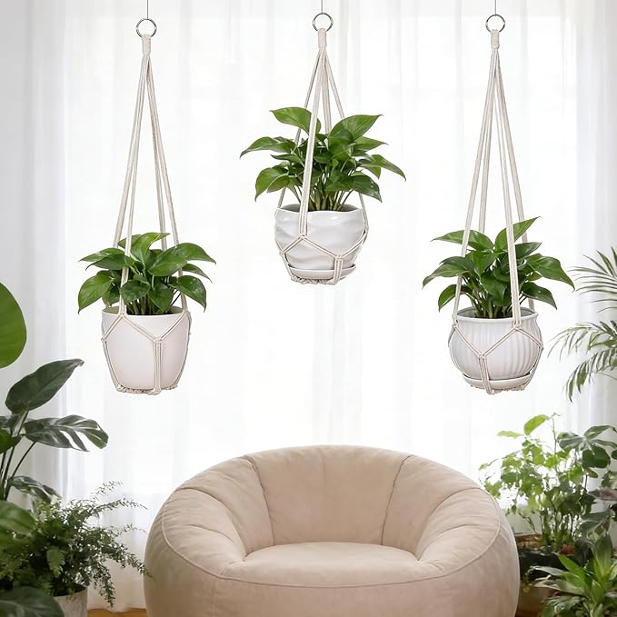 YIBOT 3 Pack Macrame Plant Hanger Indoor Hanging Planter Basket with 3 Hooks, 35"/29"/23" Crochet Plant Holder Stand No Tassels for Indoor Outdoor Boho Home Decor, Ivory (POTS NOT Included)