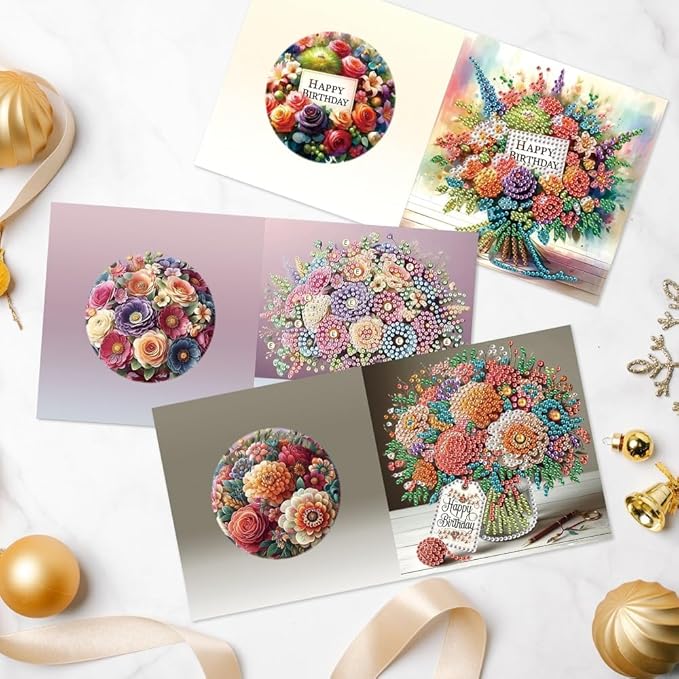 6-Pack Wishes & Blooms Bouquet Diamond Painting Greeting Card Kits, Special Shaped Diamonds Painting, DIY Handcraft for Relatives and Friends with Wishes,Unique Design Crafting for Birthday Cards