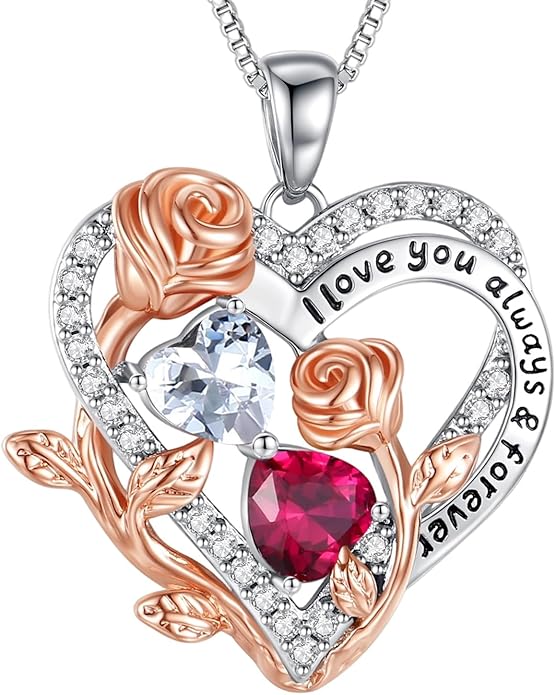 I Love You Birthstone Necklace, 925 Sterling Silver Heart Pendant with CZ Diamond Stones, Birthday Gifts for Women, Romantic Gift for Wife, Girlfriend, Her, Anniversary, Valentine's Day, Christmas
