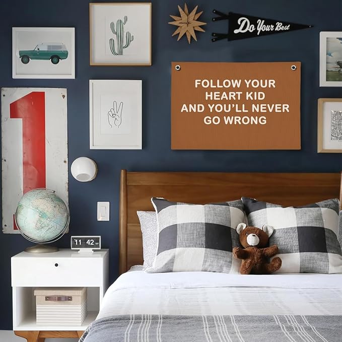 Baby Boy Nursery Decor, Inspirational Wall Decor Hanging Linen Banner,Playroom Navy Blue Motivational Wall Flag for Kids Boys Room Playroom Nursery Wall Art, 20x30 Inch