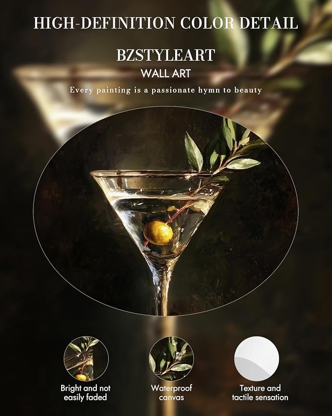 Bzstyleart Vintage Wall Art Decor for Living Room, Martini Framed Wall Art Room Decor Aesthetic,Framed Cocktail Artwork,Bedroom Painting Pictures12 x 16 Inch
