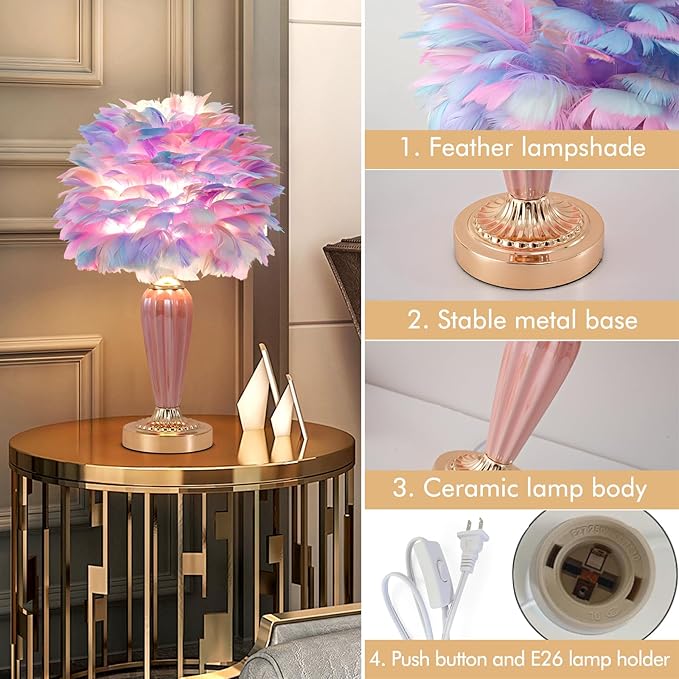 Colorful Feather Lamp Fluffy Table Lamp Furry Bedside Lamp Romantic Princess Lights Goose Feather Night Light for Bedroom Wedding Decor Valentines Dating Livingroom Hotel Office