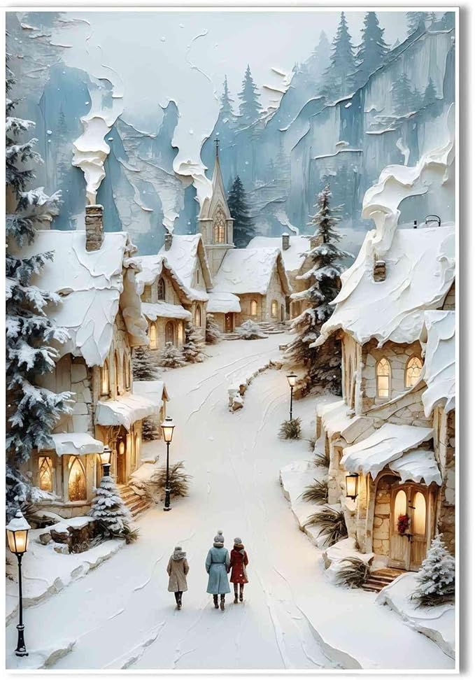 Christmas Winter Painting Snowy Village Street Festive Landscape Print Holiday Church Wall Decor Winter Cottagecore Canvas Painting Indoor Decor for Home Living Room Bedroom Office Christmas Holiday