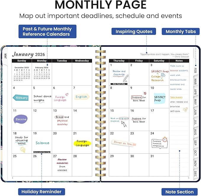 2026 Planner, Weekly and Monthly Calendar Planner for Women, Jan 2026 - Dec 2026, Hardcover Planning Agenda book with Tabs, Spiral Bound, Inner Pocket, Perfect for School Office Supplies, 6.3" x 8.5" - Midnight Cranes