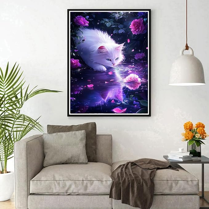 DPHERO White Cat Diamond Painting Kits for Beginners Adults,5D DIY Reflection Diamond Art Kits,Round Full Drill Dreamland Gem Art Crafts,DIY Painting by Numbers for Home Wall Decor 12x16 inch