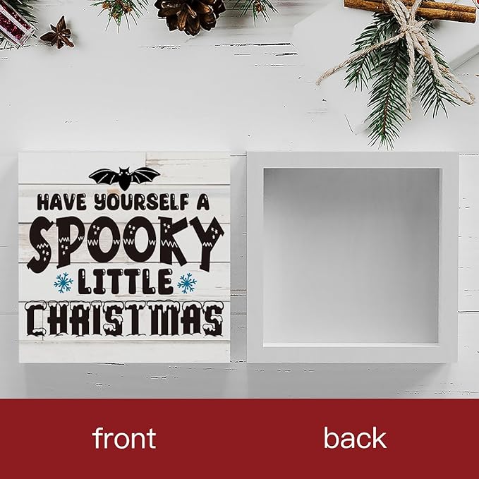 Rustic Winter Have Yourself a Spooky Little Christmas Bat Wood Box Sign, Farmhouse Christmas Santa Artwork Decor, Wood Square Sign Desk Block Signs Home Shelf Office Decoration 5 x 5 Inches