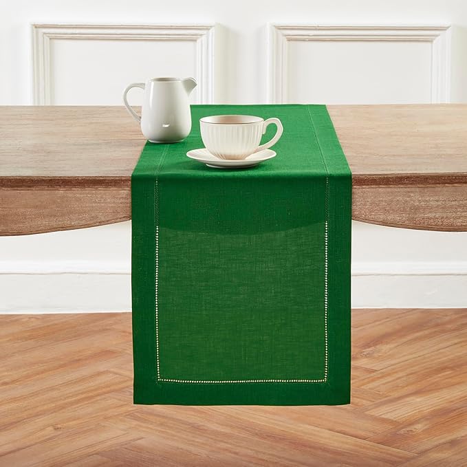 Solino Home Linen Garden Green Table Runner 108 Inches Long - 100% Pure Linen Hemstitch 14 x 108 Inch Table Runner for Dining, Winter, St Patricks Day, Easter - Classic Hemstitch