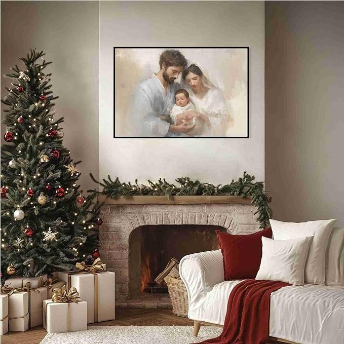 Holy Family Biblical Poster Vintage Christmas Canvas Painting Religious Painting Christian Wall Decor Nativity Scene Print Indoor Decor for Home Church Nursery Offices Living Room Framed Ready to Hang