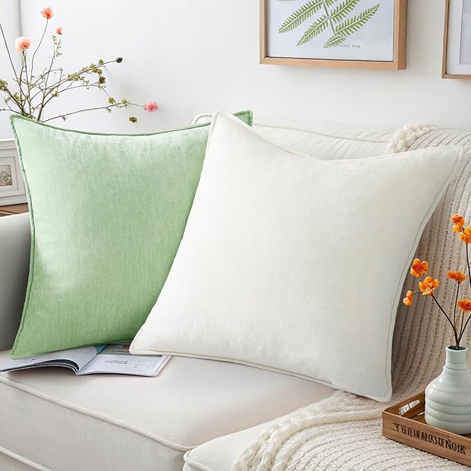 decorUhome Spring Couch Euro Sham Throw Pillow Covers 22x22 Set of 2, Decorative Soft Velvet Neutral Chenille Pillow Covers with Elegant Design for Sofa Bed Living Room Home Decor, Cream White