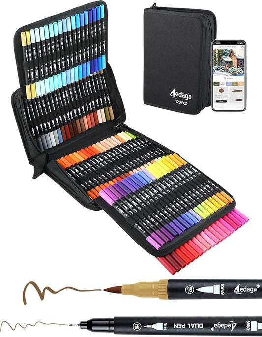 120 Colors Dual Brush Markers, Fine and Brush Tips Numbered Pens with App, for Adults and Kids, Coloring Book Bullet Journaling Note Taking Planner Hand Lettering Calligraphy Drawing Art Supplies Kit