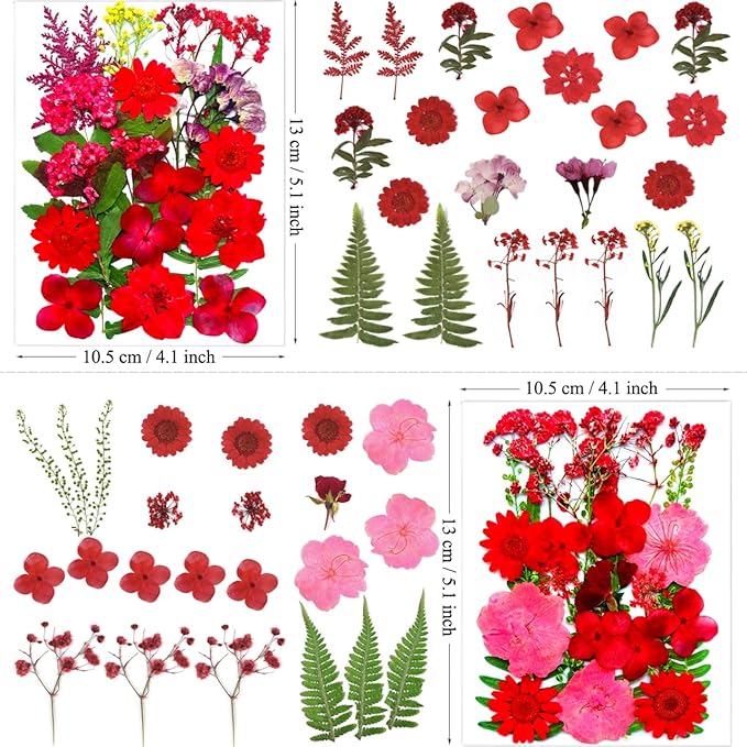 88Pcs Red Dried Pressed Flowers for Resin Molds, Assorted Real Natural Bulk Dry Floral Leaves for DIY Art Crafts, Epoxy Jewelry, Candle, Soap Making, Nails Decors