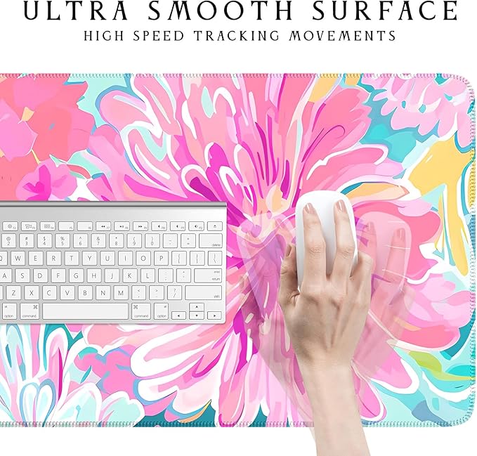 Chinoiserie Watercolor Floral Desk Mat - Pink Flower & Teal Leaves Large Mouse pad - XXL Non-Slip Desk Pad for Laptop, Vibrant Office Decor，Gaming Setup, Study Writing Mat 31.5x15.7in