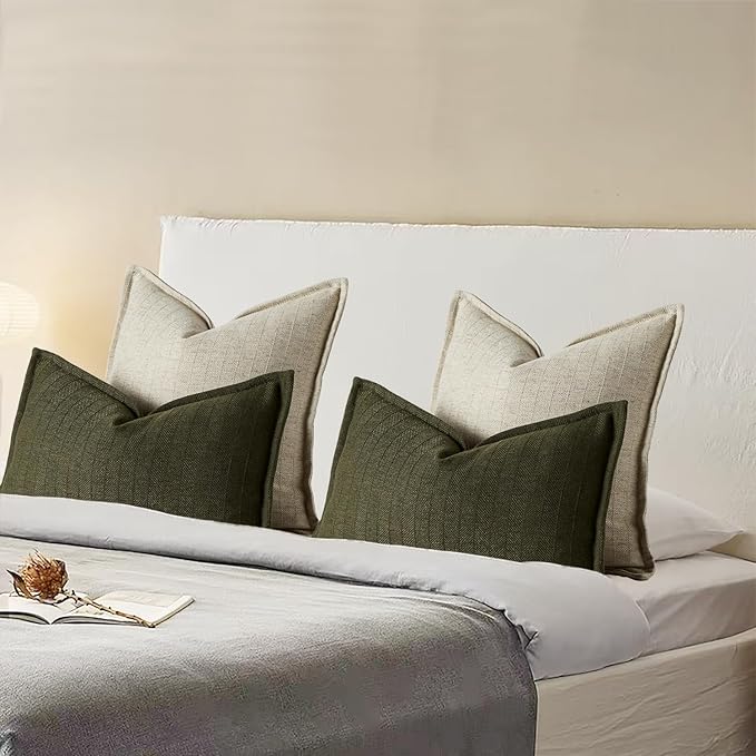22x22 Linen Pillow Covers Natural Beige Pack of 2 Farmhouse Boho Neutral Accents Striped Textured Square Decorative Throw Pillow Cases for Living Room Couch Bed Home Decor