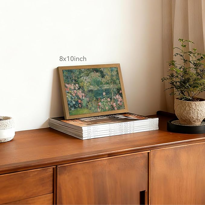 CAZLOUC Vintage Floral Wall Art, Rose Garden Pond Still Life Wall Decor, Retro Romantic Flower Poster Print, Impressionist Botanical Landscape Painting for Bedroom Office Wood Framed 8x10 Inch