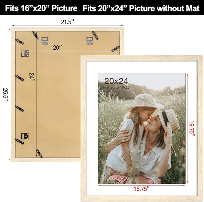 20x24 Picture Frame with Mat for 16x20 Set of 3, Natural Wood Grain 20x24 Frame for Wall Mounting (3 Pack, Natural)