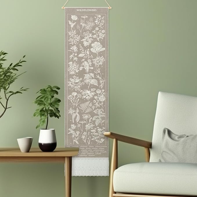 Geetery Vintage Floral Vertical Tapestry Wall Hanging Long Narrow Wall Fabric Flower Hanging Reference Illustrative Botanical Tassel Tapestry for Home Decor Gift (Tan)