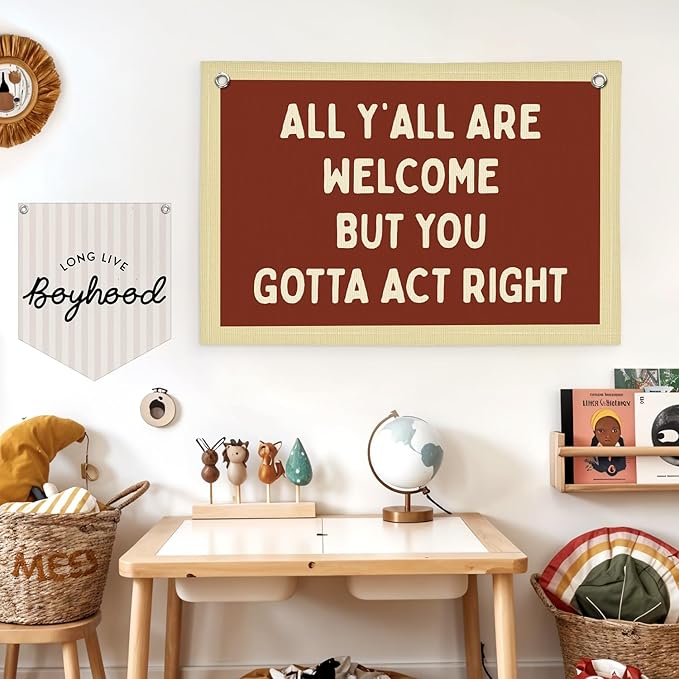 Lacama Vintage Classroom Decor, Retro Red Wall Hanging Banner for Boys Girls Kids Room Playroom Bedroom College Dorm Decor, All Y'all Are Welcome But You Gotta Act Right Banner 30x20 Inch