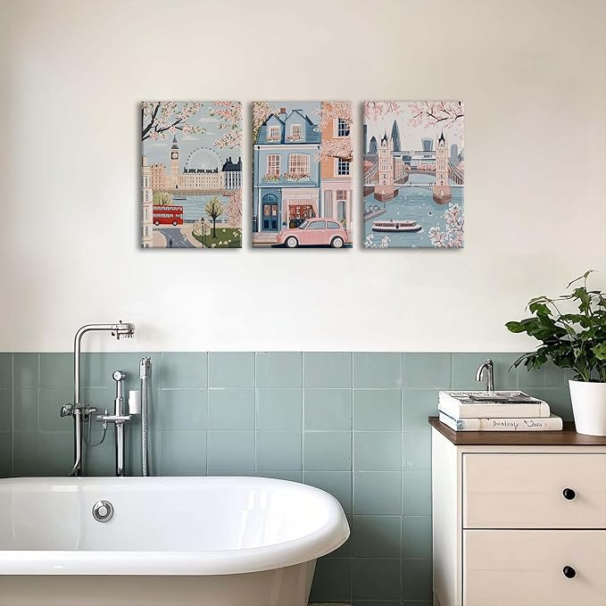 XLARTMY Watercolor City Landscape Travel Wall Art Canvas Framed Pink Cherry Flower Poster Girly Prints Painting Pictures Set of 3 for Bedroom Living Room Office 16x24in