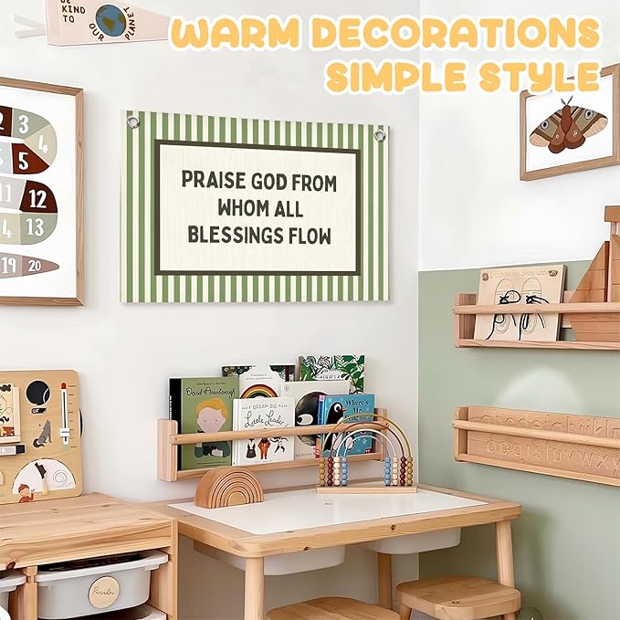 Christian Nursery Decor, Kids Room Decor Linen Canvas Banner,Green Bedroom Wall Hanging Decor for Kids Room Playroom Classroom Homeschool Art, 30x20 Inch